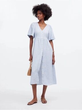 Madewell Cassie Button-Front Midi Dress in Linen Powder Blu Stripe SZ M